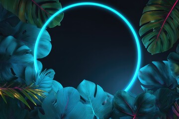Obraz premium A vibrant neon blue circle hovers over an arrangement of lush, tropical foliage on a dark background