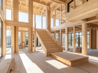 Modern wooden house interior under construction with large windows and open spaces