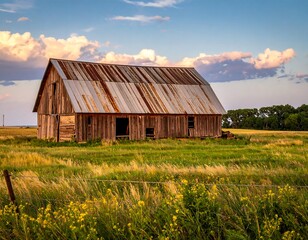 Obraz premium Rustic Wooden Barn in a Golden Field.