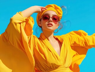 Bright summer fashion style showcase featuring a woman in a sunny yellow outfit against a clear blue sky