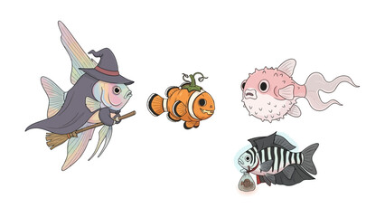Whimsical Halloween Fish Fantasy: Four charming fish dressed in Halloween costumes. A witch, clown, pufferfish and bat creating a touch of fun!
