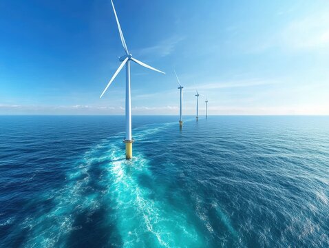 Offshore wind turbines harnessing renewable energy in clear blue ocean during bright sunny day