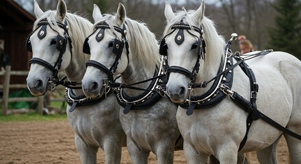 Three white horses in harness stand ready for work outdoors