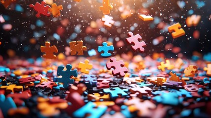Colorful puzzle pieces scattered, suspended, blurred, creating a playful chaos