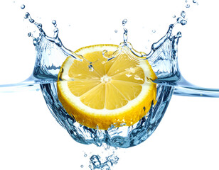 Fresh lemon slices and fruits splashing in water with water drops and bubbles on white background