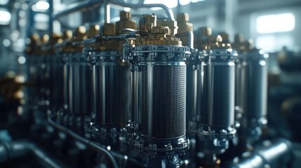 Complex engine cylinders with intricate details and pipes in a mechanical system