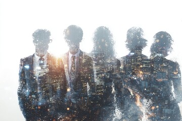 Five figures in suits merged with cityscape, lit up and obscured