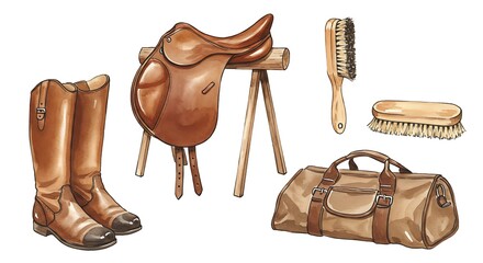 Watercolor equestrian equipment set saddle boots brushes and bag on white