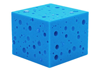 Isolated blue foam cube with water droplets, modern design, clean, textured surface