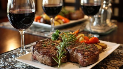 A beautifully arranged dinner features two juicy steaks garnished with herbs accompanied by red wine and colorful roasted vegetables on a decorated table.