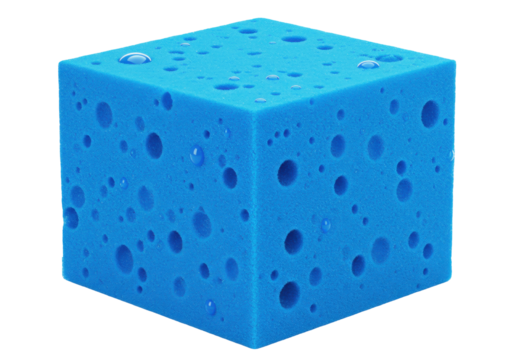 Isolated blue foam cube with water droplets, modern design, clean, textured surface
