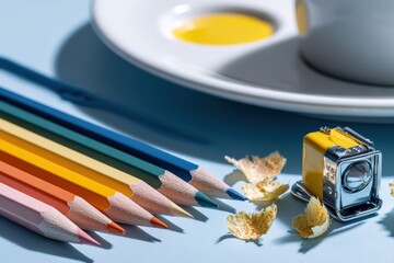 Minimalist artistic workspace with six premium colored pencils on pale blue acrylic surface, chrome sharpener with wood shavings, ideal for branding, product design, and creative content creation 
