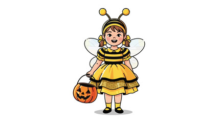 Sweet as Honey: A charming illustration depicts a child, adorned in an adorable bee costume, trick-or-treating during Halloween, perfectly capturing the whimsical spirit of the holiday!