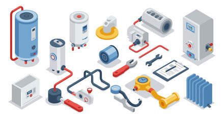 Isometric industrial equipment set featuring tools and machinery elements for automation