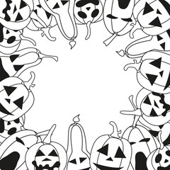 Vector Halloween postcard with copy space. Creepy pumpkins with faces in doodle style.