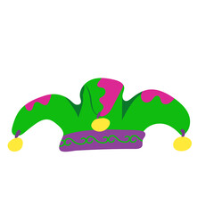 Vector image of buffoon hat with bells for Mardi Gras carnival. Colored logo of clothing element for party.