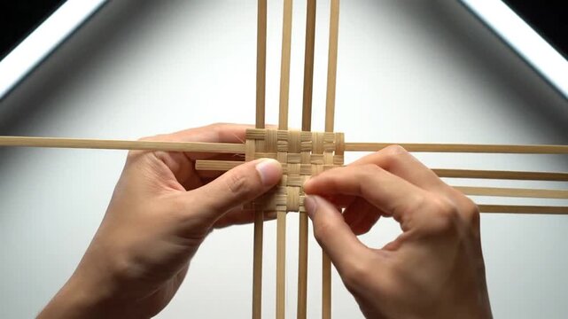 Footage of Weaving Bamboo Strips to Create a Square Pattern