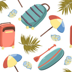Vector seamless pattern with travel luggage and beach items. Suitcases, surfboards and seashells image.