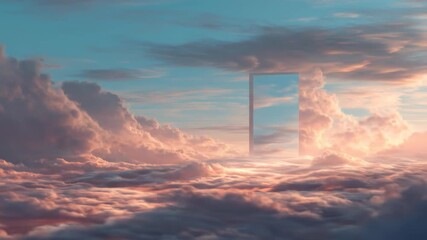 A surreal, rectangular portal floats amidst a sea of fluffy, pink-tinged clouds under a twilight sky - Powered by Adobe