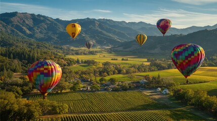 Fototapeta premium Vibrant hot air balloons soar above lush vineyards nestled in a valley with mountains framing the background during a beautiful sunset.