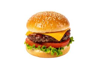 Delicious burger on a sesame bun with cheese, tomato, lettuce, and cooked patty