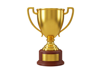 Isolated shiny golden trophy award prize with wooden base for success and championship