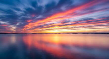 Vibrant sunset over calm water reflecting colorful clouds and sky scenery