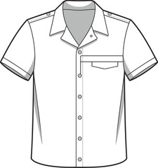 Men’s short sleeve shirt, button down design, front pocket detail, fashion flat sketch, clothing template, stylish garment vector, cad drawing flat vector illustration