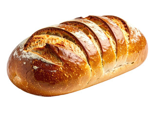 Freshly baked loaf of bread, golden crust, sliced, isolated against black