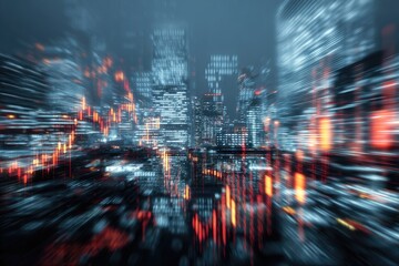 Abstract blurry cityscape with bright reds and blues, suggesting complex financial market data