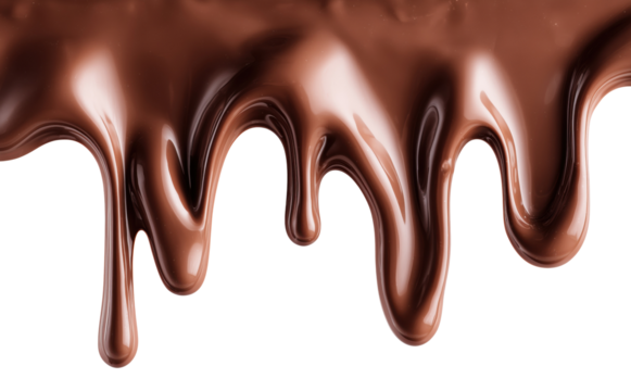 Liquid chocolate dripping down in smooth streams isolated on a transparent background