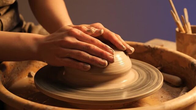 Footage of Hands Shaping Clay on a Pottery Wheel Crafting Art