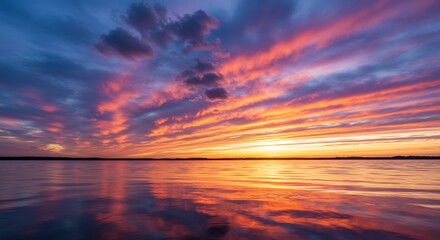 Vibrant sunset over calm water with colorful clouds and reflections