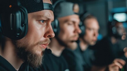 Gamers Focused: A concentrated group of gamers, immersed in their virtual world. Capturing the intense concentration as they engage with gaming equipment.