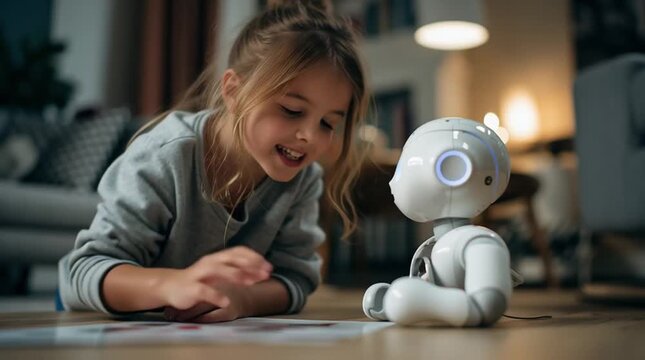 A Young Girl with Robotic Friend: A close-up captures a charming little girl in a moment of joy, engrossed in playtime with a futuristic robotic companion.