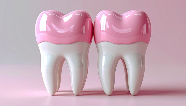 Two cartoonish teeth with pink tops, on pink background
