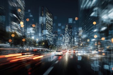 Nighttime blurred city scene with cars, lights, and digital overlays