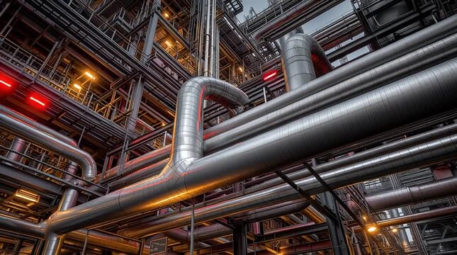 Industrial Steel Pipes: This striking image showcases a complex network of gleaming steel pipes, snaking across an industrial landscape.