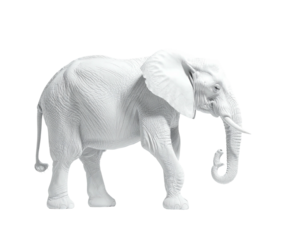 A monochromatic, detailed rendering of a walking elephant against a black backdrop