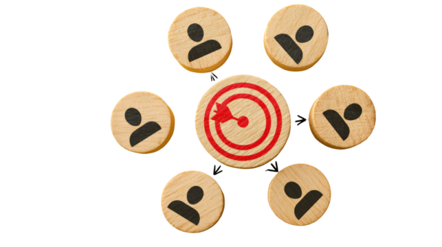 Target audience connection.  Circular arrangement of wooden discs, each with a person icon, surrounding a central target.  A red dart hits the bullseye