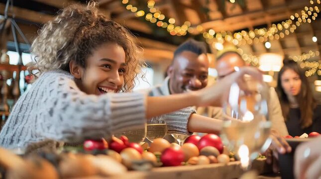 Gathering Together:  A diverse group laughs and shares a joyful moment, surrounded by food and decorations. Capturing a heartwarming celebration of togetherness and the spirit of friendship.