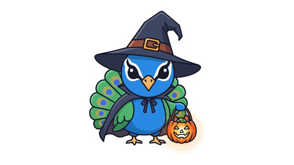 Festive Peacock in a Halloween Costume: A whimsically illustrated peacock adorned in a witch's hat and cape carries a glowing pumpkin, perfect for the spooky season and Halloween party invites.
