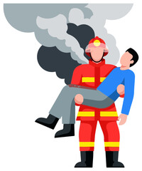 Firefighter carrying a person from a burning building.