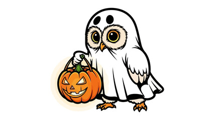 Owl in Halloween: A whimsical owl dressed in a ghost costume, clutches a carved pumpkin, its wide eyes full of curious anticipation in a captivating artistic Halloween scene.