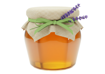 Isolated honey jar decorated with green ribbon and lavender flowers for food packaging design