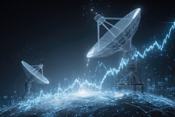 A digital rendering depicts satellite dishes atop a data-driven graph