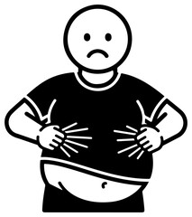 Overweight person with sad face and hands on belly.