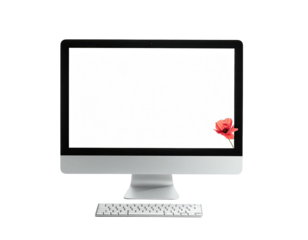 Modern desktop computer displays a blank white screen with a red flower