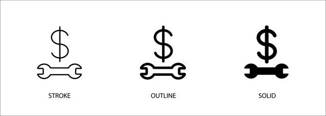Obraz premium Wrench icon with money for engineering, maintenance costs, finance setup, bank. Editable vector stroke icon, outline and solid. Eps10 file.