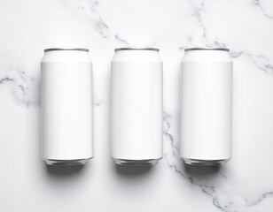 Three white cans arranged on marble. Mockup scene